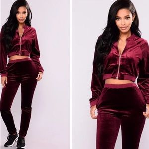 Fashion Nova Burgundy Velour Track Set